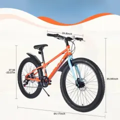 DSVIMOY Bicycles, 24 Inch Bicycle with Adjustable Seat, Fat Tire Mountain Bike for Boys and Girls, Orange, 64.17"*24.8"*35.04"
