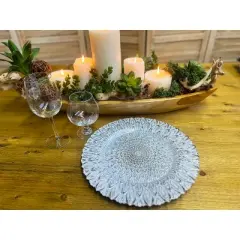 Essential Decor & Beyond 13.2" Modern Clear Glass Charger with Silver Pattern Set of 4