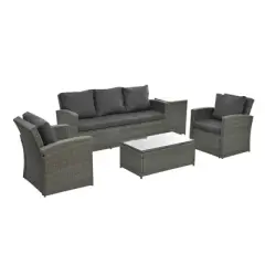GlasFlength 5PCS Patio Seating Rattan Furniture Set Sectional Sofa Cushioned Garden, Tempered Glass Table, Black, 62.6"*21.65"*10.24"