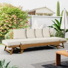 Outdoor 3-Seat Patio Daybed Sofa with Foldable Arms, Acacia Wood Frame and Removable Beige Cushions, Modern Lounge for Garden-Maison Boucle