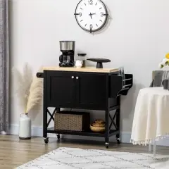 HOMCOM Rolling Kitchen Island on Wheels, Utility Serving Cart with Rubberwood Top, Towel Rack, Spice Rack and Storage Cabinet