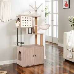 LOVSON Modern Cat Tree with Enclosed Litter Box - Cat Hut with Scratching Post, Feeding Bowl,Removable Pom Pom Stick,  (Litter Box Not Included)