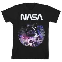 NASA Astronaut with White Worm Logo Black Graphic Tee Toddler Boy to Youth Boy