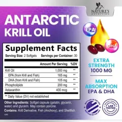 Antarctic Krill Oil 1000mg with Omega-3s EPA, DHA & Astaxanthin Premium Softgels - 60 Softgels By Nature's Nutrition