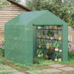 Outsunny Walk-in Greenhouse for Outdoors with Roll-up Zipper Door, 18 Shelves, PE Cover, Heavy Duty Humidity Seal, 95.25" x 70.75" x 82.75"