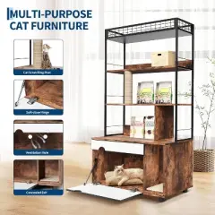 Hidden Litter Box Enclosure with Storage Rack & Cat Scratching Post Wood & Metal 2-in-1 Pets Furniture with Shelf Corridor Cushioned Mat