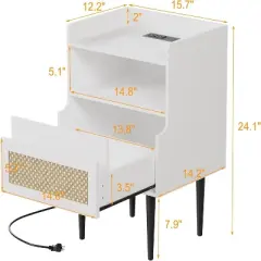 GustoWave Nightstands Set of 2, Natural Rattan End Table with Charging Station,  with Drawer and Storage Shelf for Bedroom, White