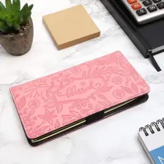 Juvale Checkbook Cover Wallet Credit Card Holder with RFID Blocking, Embossed Floral Design with Blessed Imprint for Women, PU Leather Pink