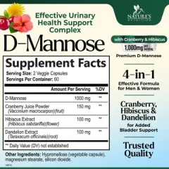 D-Mannose 1350mg with Cranberry Extra Strength Natural Urinary Health Support - 60 Capsules;120 Capsules;180 Capsules