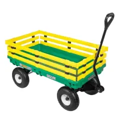 FARM-TUFF Durable Plastic Garden Wagon Utility Cart with Removable Side Racks and Pneumatic Tires, Green and Yellow, 20" x 38"