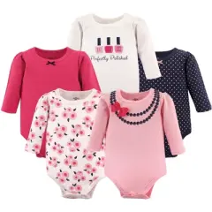 Little Treasure Baby Girl Cotton Long-Sleeve Bodysuits 5pk, Bow Necklace