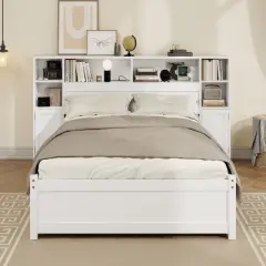 Twin/Full Size Platform Bed Frame Storage Bed with Tall Extended Bookcase Headboard, 6 Drawers and Charging Station, White-ModernLuxe
