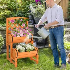 Tangkula 2-Tier Wooden Raised Garden Bed Container w/2 Cylindrical Planter Boxes & Trellis