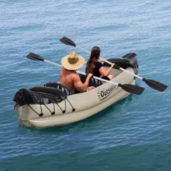 Outsunny Inflatable Kayak, 2-Person Inflatable Boat Canoe Set With Sit Top, Air Pump, Aluminum Oars for Fishing, Beige