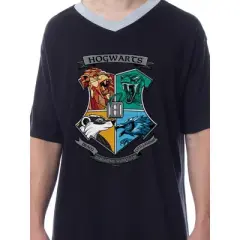 Harry Potter Mens' Hogwarts Houses Crest Stained Glass Sleep Pajama Shirt Black