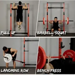 ER Kang 2" x 2" Folding Squat Rack Wall Mounted, Power Rack with Pull Up Bar, J Hooks, Landmine, Space-Saving Home Gym 1000 LBS Capacity, Red