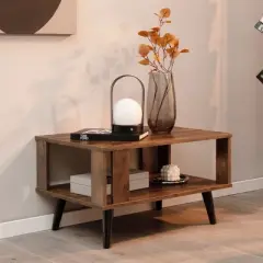 Costway Coffee Table Retro Mid-Century Coffee Table W/Storage  Open Shelf Living Room