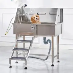 AMERLIFE Stainless Steel Dog Washing Station with Steps, Faucet, Sprayer, Soap Box (Right)