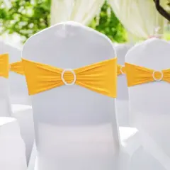 VEVOR Stretch Spandex Chair Sashes, Chair Slipcover and Stretch Chair Sash with Round Buckle, Elastic Chair Bands, (50 PCS Golden Yellow)