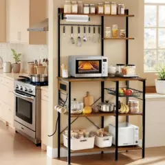 Freestanding Kitchen Bakers Rack, 4 Tier Microwave Stand with Wire Basket & Hooks, 62'' Tall Industrial Coffee Bar Station for Spices, Cups, Pots