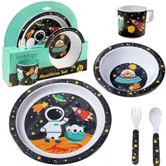 Laptop Lunches 5 Pc Mealtime Feeding Set for Kids and Toddlers - Space - Includes Plate, Bowl, Cup, Fork and Spoon Utensil Flatware