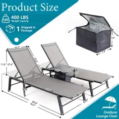 Brafabhome Patio Chaise Lounge with 5-Postion Adjustable Backrest, Aluminum Pool Loungers with Side Table & Insulated Cooler Bag for Poolside Garden