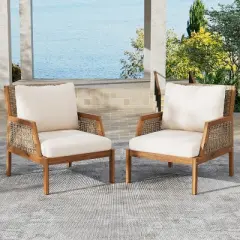 Christopher Knight Home Grania Patio Rattan and Acacia Wood Club Chair with Cushion, Brown/Cream
