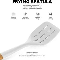 BRINJOY White Heat Resistant Silicone Cooking Kitchen Utensils with Wooden Handles, Spatula Set, BPA Free