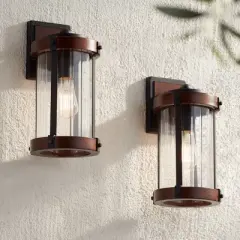 John Timberland Stan Industrial Outdoor Wall Light Fixtures Set of 2 Dark Wood Black Metal 13 1/2" Clear Glass for Post Exterior Barn