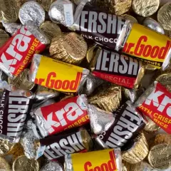 50th Birthday Candy Gift Tin - Plastic Tin with Hershey's Kisses, Hershey's Miniatures & Reese's Peanut Butter Cups - By Just Candy