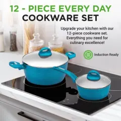 NutriChef 12 Piece Nonstick Home Cookware Set w/ Lids & Cool Touch Handles - Blue