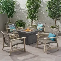 GDFStudio Jennings Outdoor Acacia Wood and Wicker 5 Piece Club Chair and Fire Pit Set