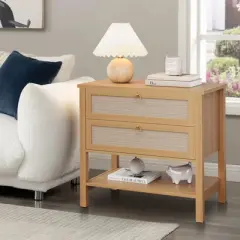 GustoWave Rattan Night Stand Set of 2,with 2 Rattan Drawers,Large Bedside Table Side Table with Open Storage Shelf, Farmhouse Nightstand