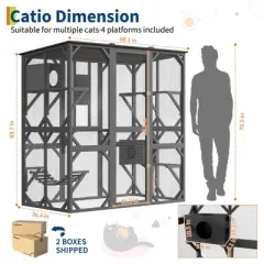 70'' Wooden Walk-in Catio, Large Outdoor Cat Enclosure with 4 Jumping Platforms & Napping Houses, Cat Playen Catio, Feral Shelter for Multiple Cats
