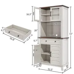 Kitchen Pantry, 72" Farmhouse Coffee Bar Table with Storage Drawers & Glass Doors
