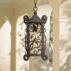 John Timberland Casa Seville Vintage Rustic Outdoor Hanging Light Dark Walnut Scroll 15" Champagne Water Glass for Post Exterior Barn Deck House Porch