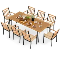Costway 9 PCS Patio Dining Set with 8 Chairs  Acacia Wood Table Top Umbrella Hole for Yard