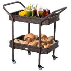 MOEPISY Outdoor Rattan Wicker Serving Cart with 2-Tier Open Shelf, Outdoor Wheeled Bar Cart with Brakes