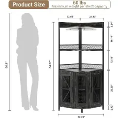 64" Tall Corner Bar Cabinet with LED Strip, 5-Tiers Industrial Bar Cabinet with Power Outlet and Glass Holder, Wine Cabinet for Home Bar, for Home