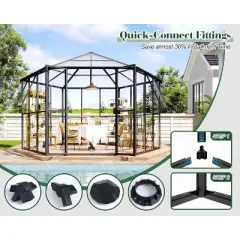 AMERLIFE 12x10x8 FT Walk-in Hexagonal Greenhouse with Aluminum Frame, 2 Vents, Dual Doors, Black