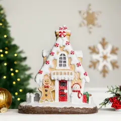 Northlight Snowy Gingerbread Peppermint House with Snowman Christmas Decoration - 11"