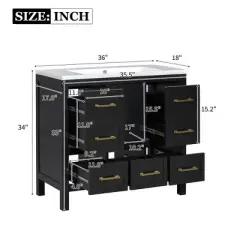 NicBex 36" Bathroom Storage Cabinet with Sink, Bathroom Vanity, 5 Spacious Drawers and 1 Soft-closing Cabinet Door for Bathroom