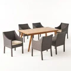 Christopher Knight Home Vivian Outdoor Wicker and Acacia Wood 7 Piece Dining Set with Cushion