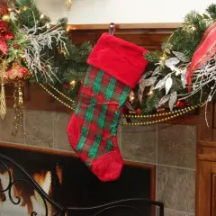 Northlight 19" Christmas Traditions Red, Green and Gold  Woven Plaid and Velvet Stocking