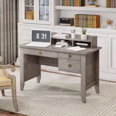 HOMCOM Computer Table Writing Desk with Hutch 3 Drawers, Open Cabinets, Top Shelf, Wide Tabletop, Cable Management, gray