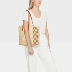 Straw Packable Checker Boxy Tote Handbag - Universal Thread&trade; Beige