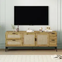 59.09" Elegant Rattan TV Stand with Adjustable Shelves and Wood Grain Finish - ModernLuxe
