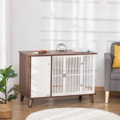 PawHut Wooden Dog Kennel, End Table Furniture with Cushion & Lockable Magnetic Doors, Small Size Pet Crate Indoor Puppy Cage, Brown