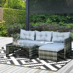 Outsunny 3-Piece Wicker Patio Furniture Sets, Rattan Conversation Sets, Sectional sofa set with Cushioned Lounge Chaise for Garden Poolside or Porch Lounging