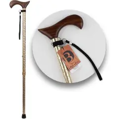 Brazos Adjustable Walking Cane for Men and Women Made of Lightweight Engraved Aluminum with Wooden Handle, Wrist Strap and Rubber Tip, Gold Body with
